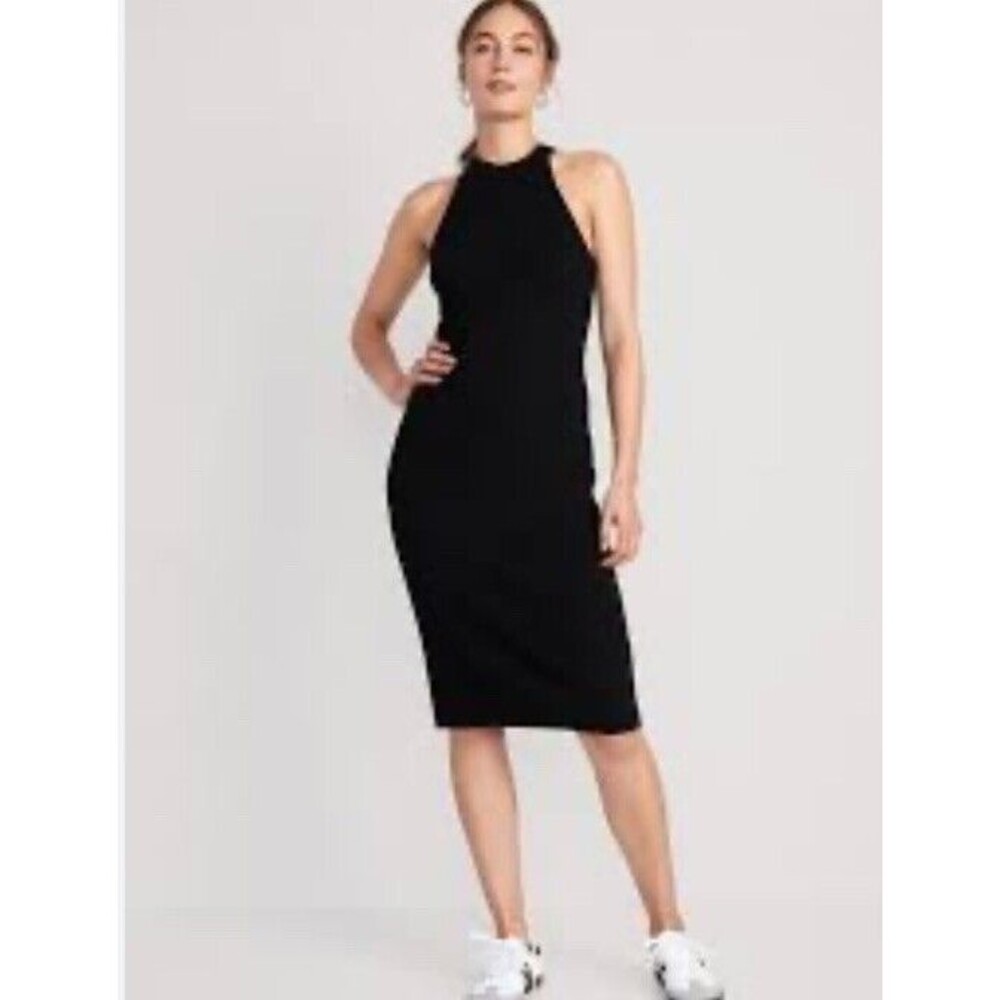 Old Navy Womens S Black Fitted Sleeveless High Neck Rib Knit Midi Sweater Dress